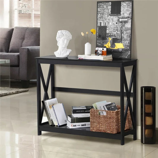 Alden Design 2-Tier X Design Wood Console Table with Shelf, Black console table for living room  console table