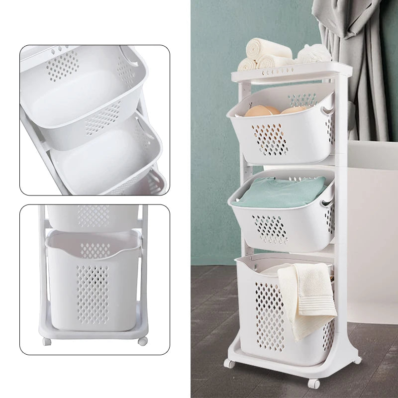 3 Multi-Layer Rolling Laundry Cart Dirty Clothes Basket Portable Handle