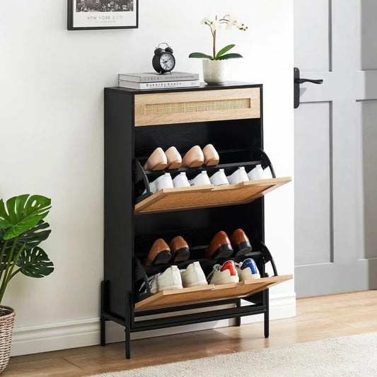 Natural Rattan 2 Flip Down with 1 Drawer Free-Standing Shoe Rack