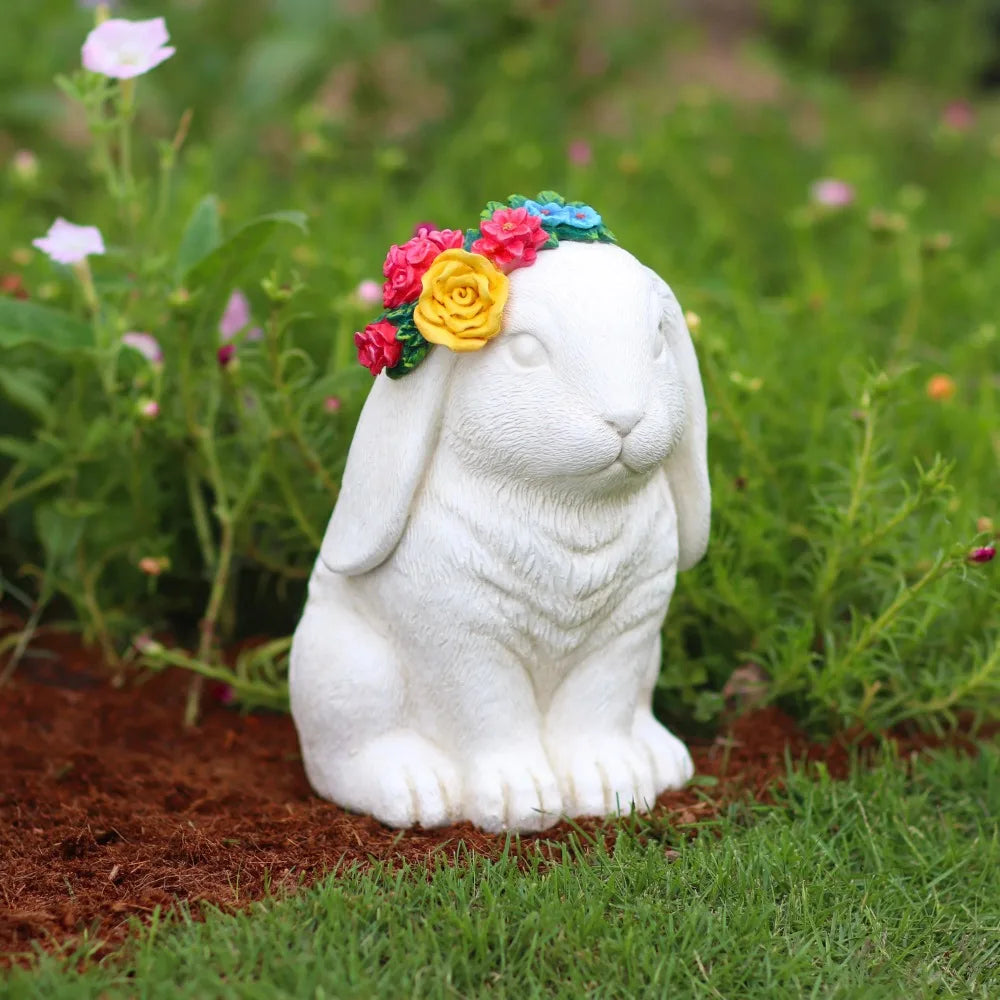 2 Pack White Bunny Grey Cat Garden Statue Garden Sculptures