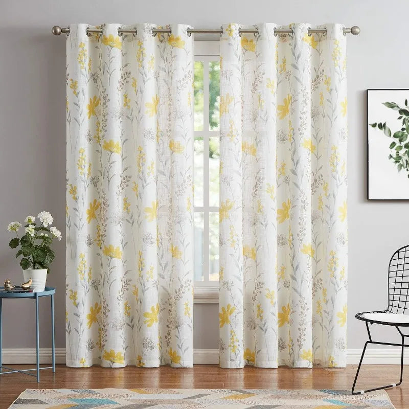 Printed Sheer Curtains Farmhouse Style Window Panel Drapes Set Grommet