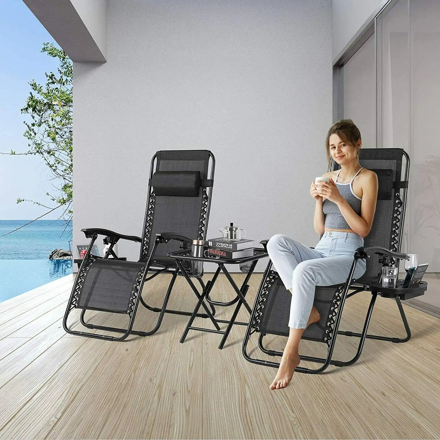 Sun Loungers Set of 2 Zero Gravity Chair Foldable with Side Table, Cup Holder, Head Cushion